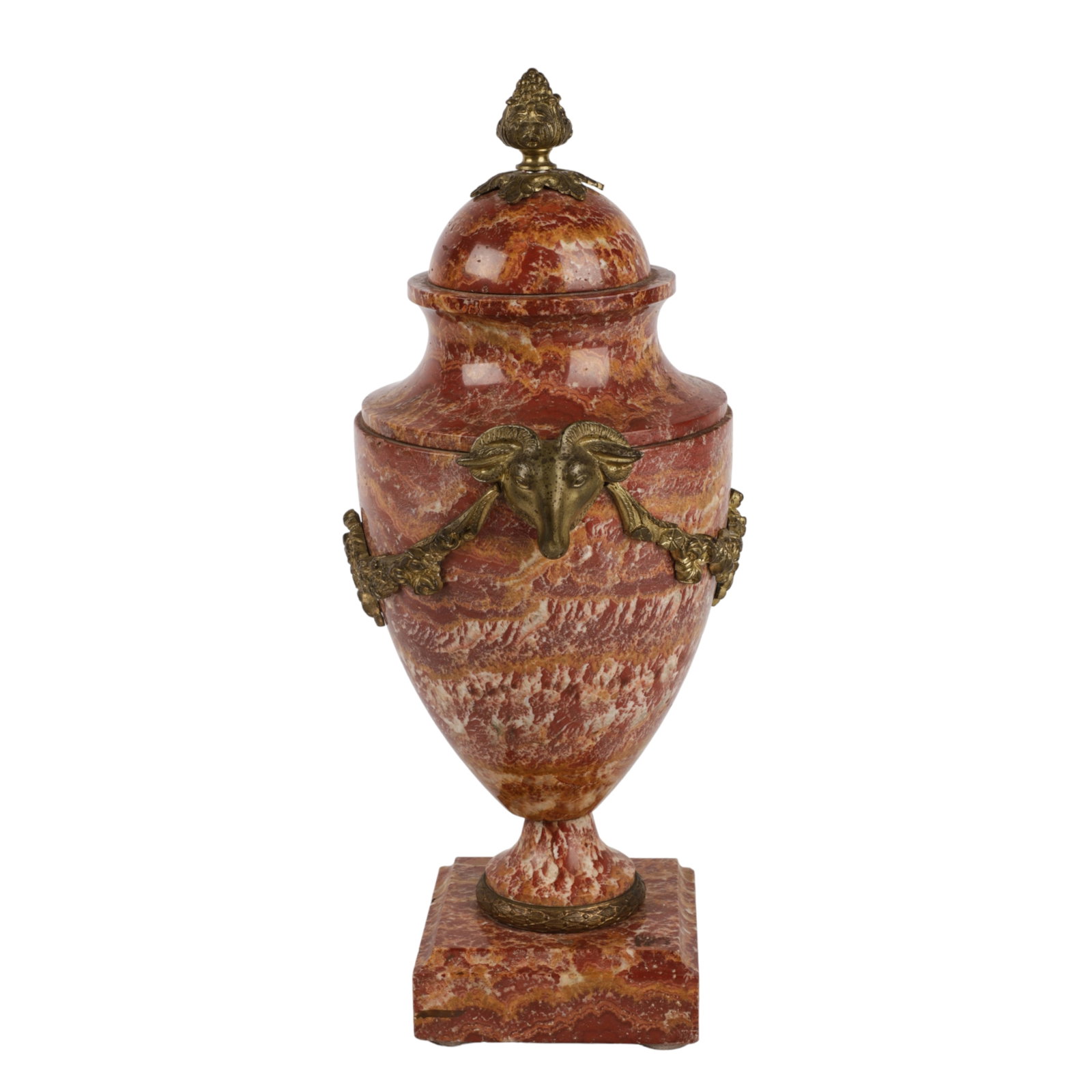 Empire Style Ormolu Mounted Red Marble Urn: Empire style ormolu mounted red marble urn, applied ormolu bronze floral swag & ram head handles at either side, 16-1/2" h to top of bronze finial.