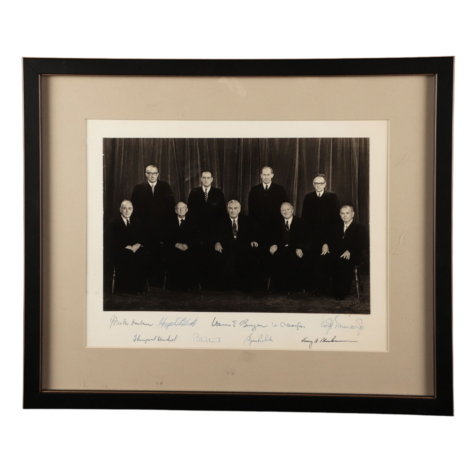 Supreme Court Signed Photographic Portrait: This 13 x 8.5" Black & White Photographic Portrait of the Supreme Court Circa 1971 is Signed by Chief Justice Warren Burger; Justices: Huygo Black; William O, Douglass, John Marshall Harlan II; Willia