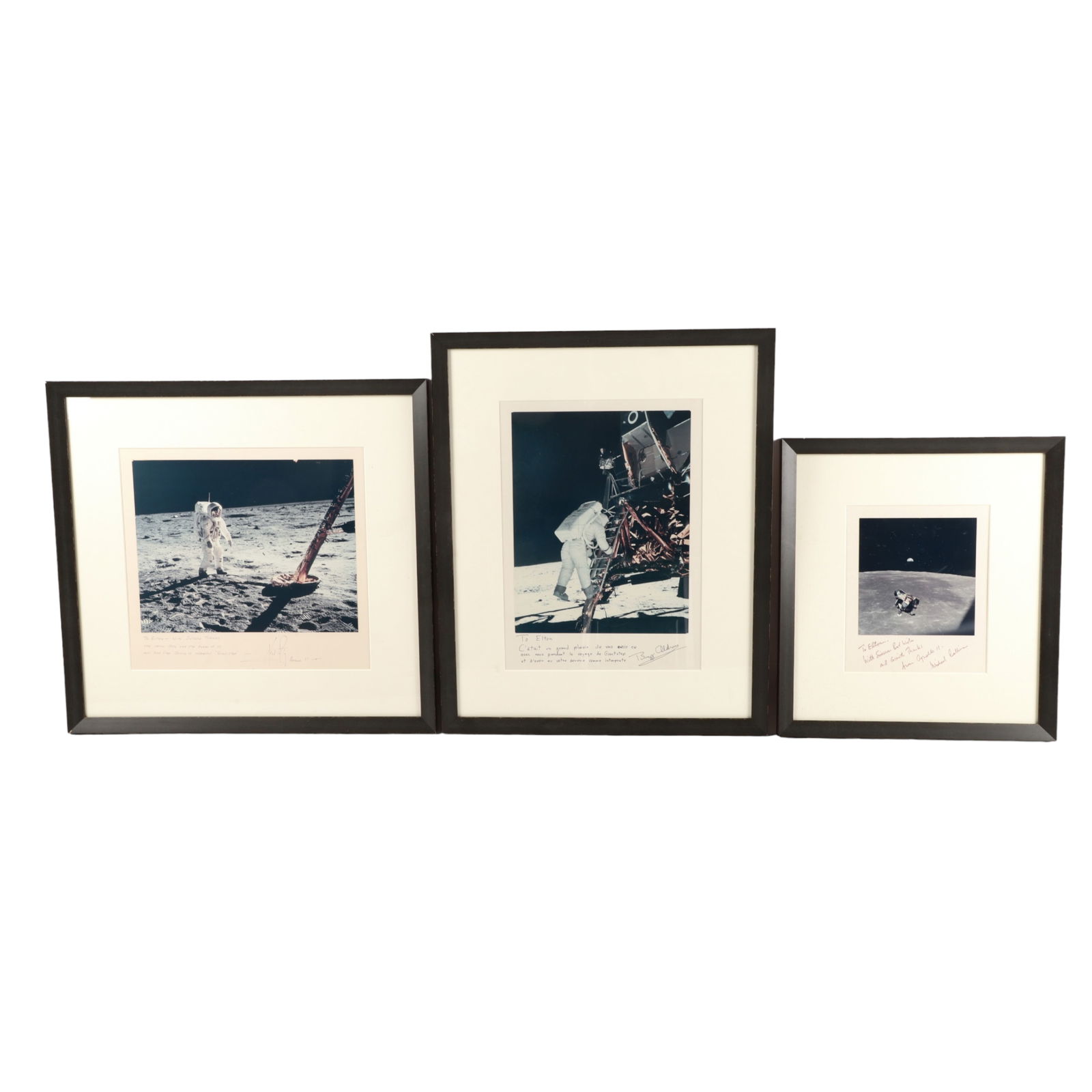 Inscribed Moon Landing Photos (3) total: These three Framed photographs are signed by Neil Armstrong, Michael Collins, and Buzz Aldrin; all individually inscribed to Elton Stephenson Jr. - who accompanied them on their post flight world tour