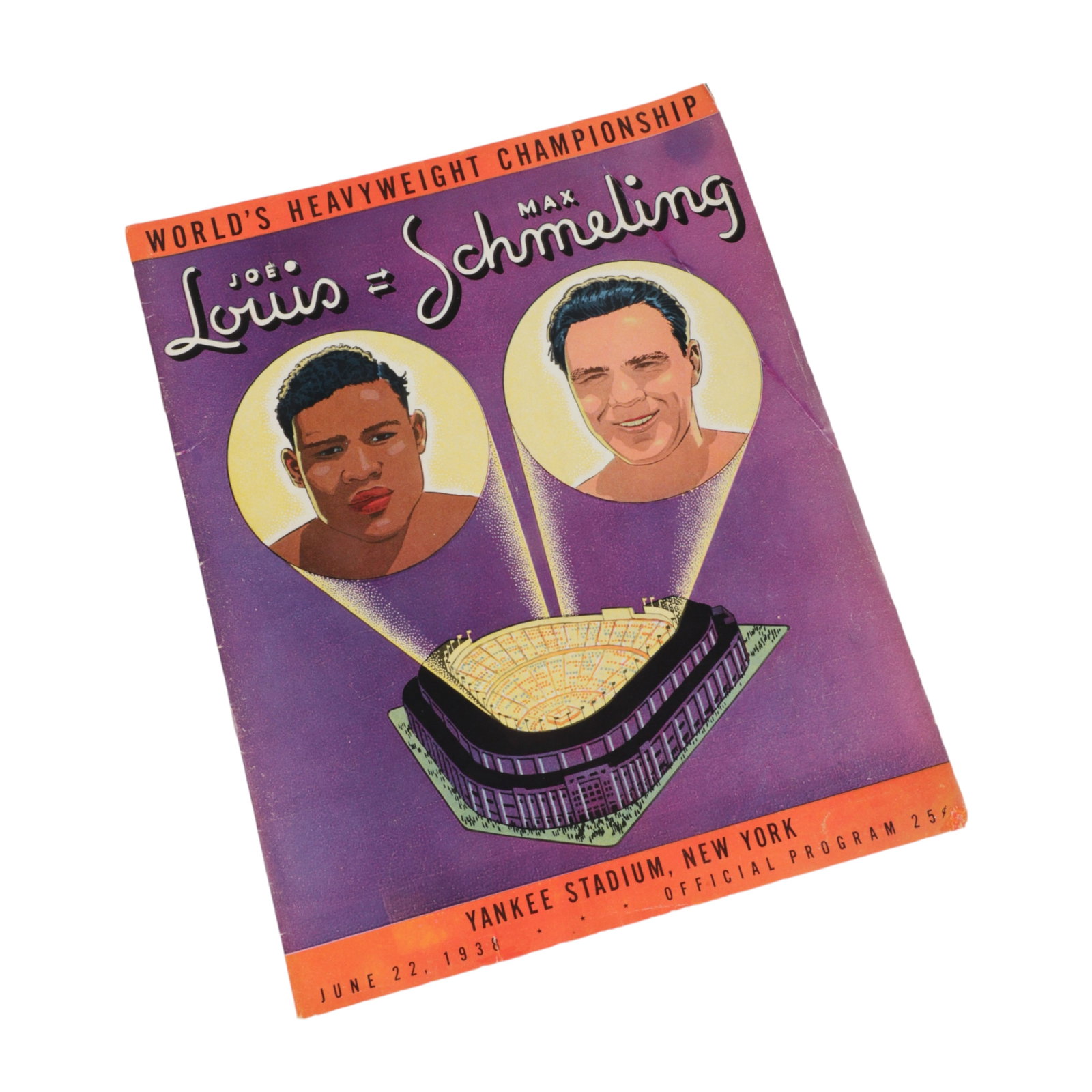 Joe Louis v. Max Schmeling Program 1938 2nd bout: Historic series of fights, this being the second (Louis wins by KO) fraught with political overtones and racial divide. The program from June 22, 1938 shows great color and luster on front front upper