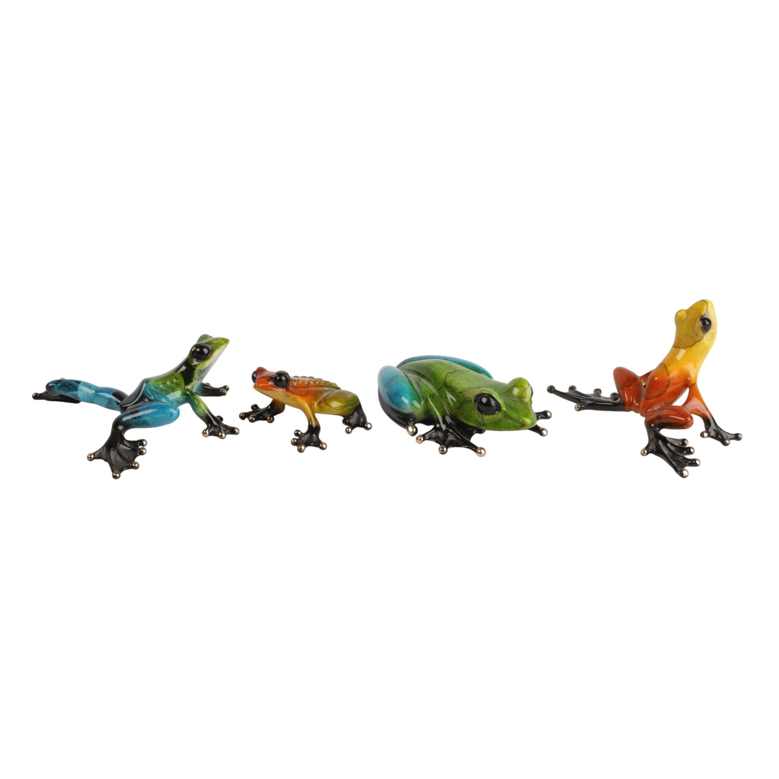(4) Tim Cotterill Cold Painted Bronze Frogs: (4) Tim Cotterill cold painted bronze frogs, orange and black crouched frog, 3 1/4"W x 2"D x 1 7/8"H, blue and green patterned frog, 3 1/2"W x 3" D x 1 1/4"H, crouched orange and yellow, 1 7/8"W x 1 3