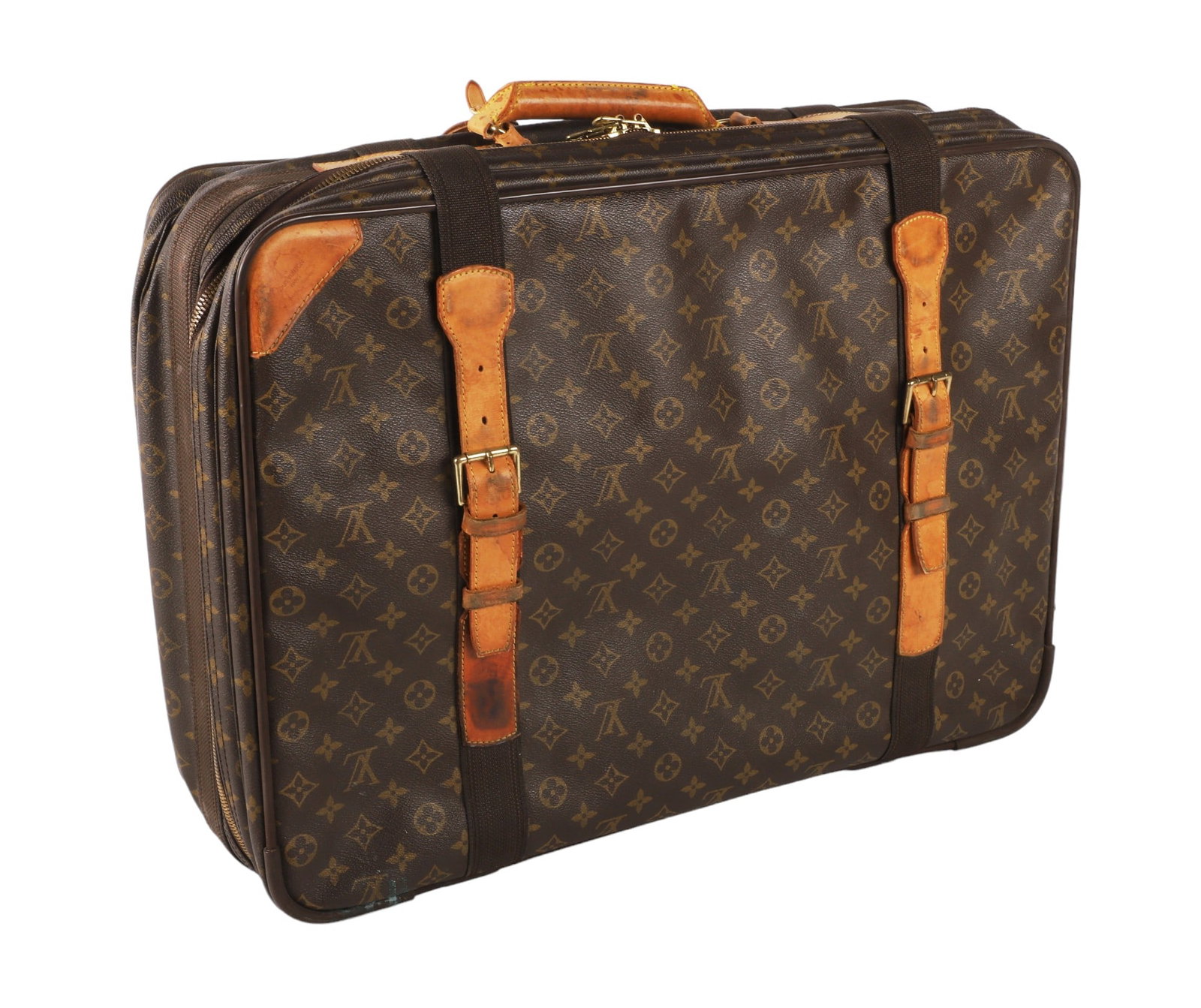 Vintage Louis Vuitton Canvas Satellite Suitcase: Vintage Louis Vuitton Canvas Satellite Suitcase 60, all over monogrammed canvas body with cowhide strap closure, handle, and luggage tag, signed at a single leather corner, clean interior, the zipper 