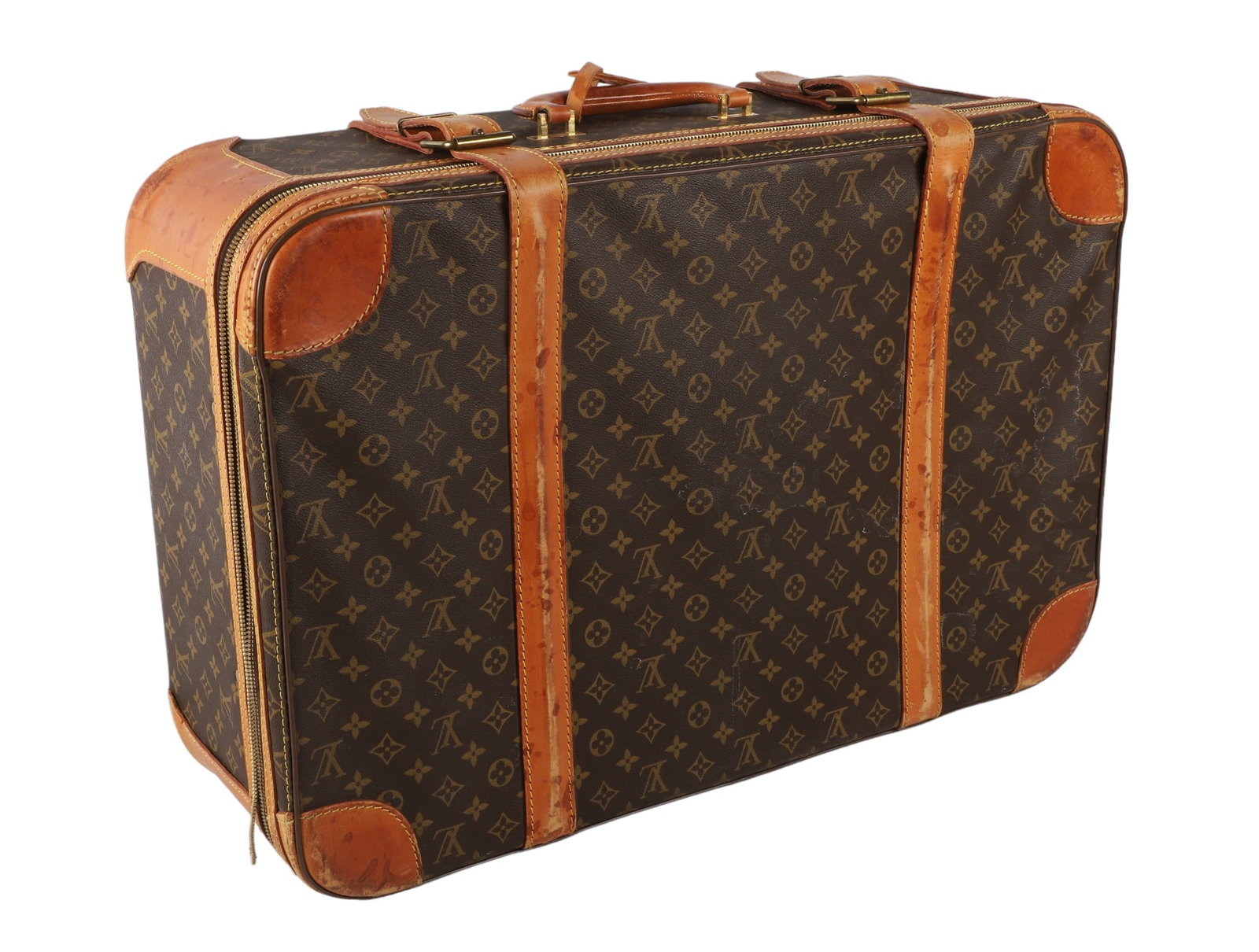 Vintage Louis Vuitton Stratos Hardside Suitcase: Vintage Louis Vuitton Stratos Hardside Suitcase, 1985, in all over monogram coated canvas with classic calfskin and cowhide reinforced corners and straps, a leather wrapped handle and matched luggage 