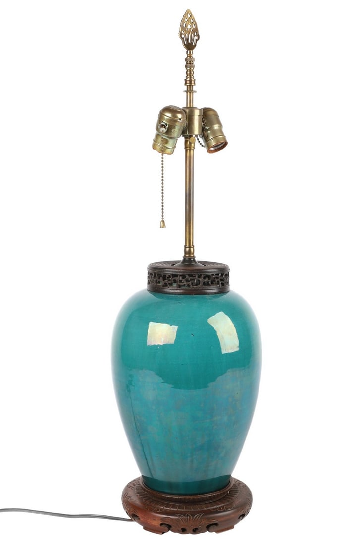 Chinese Turquoise Glaze Jar Table Lamp: Chinese porcelain jar, turquoise glaze, carved wood lid, mounted as table lamp, mounted as table lamp, 14-3/4" to top of lid