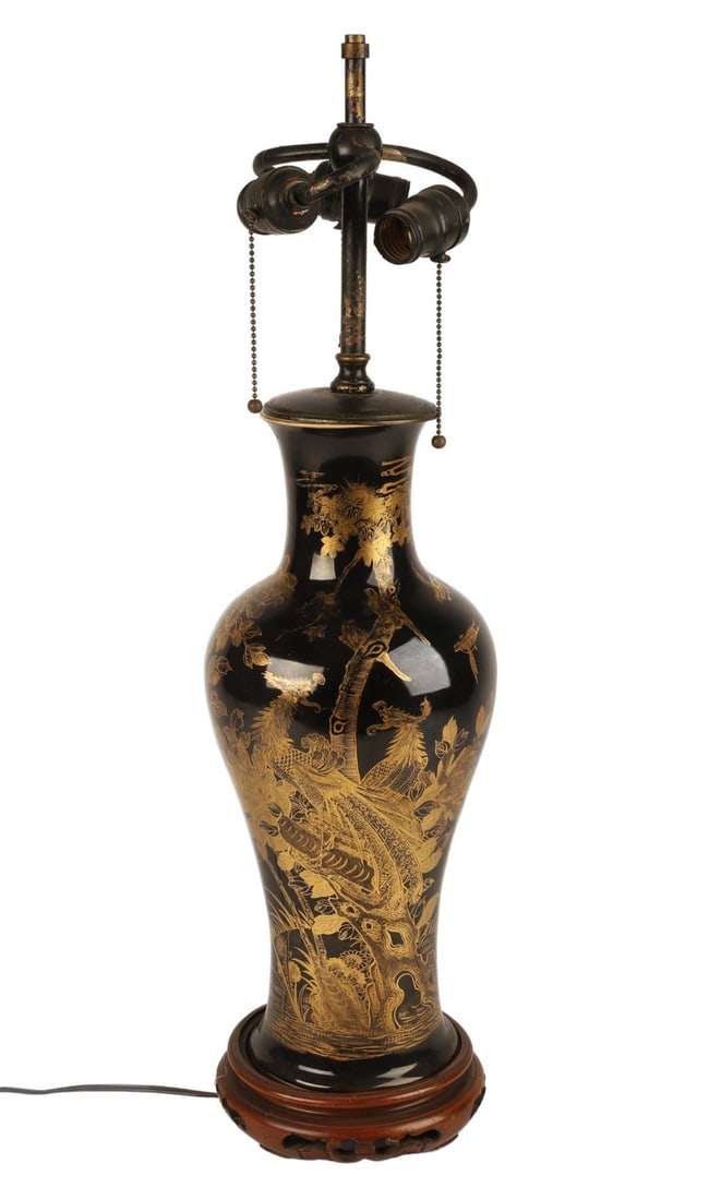 Chinese Mirror Black Vase Table Lamp: Chinese porcelain mirror black vase, gold cranes in floral landscape, mounted as table lamp, 19-1/2" to top of vase