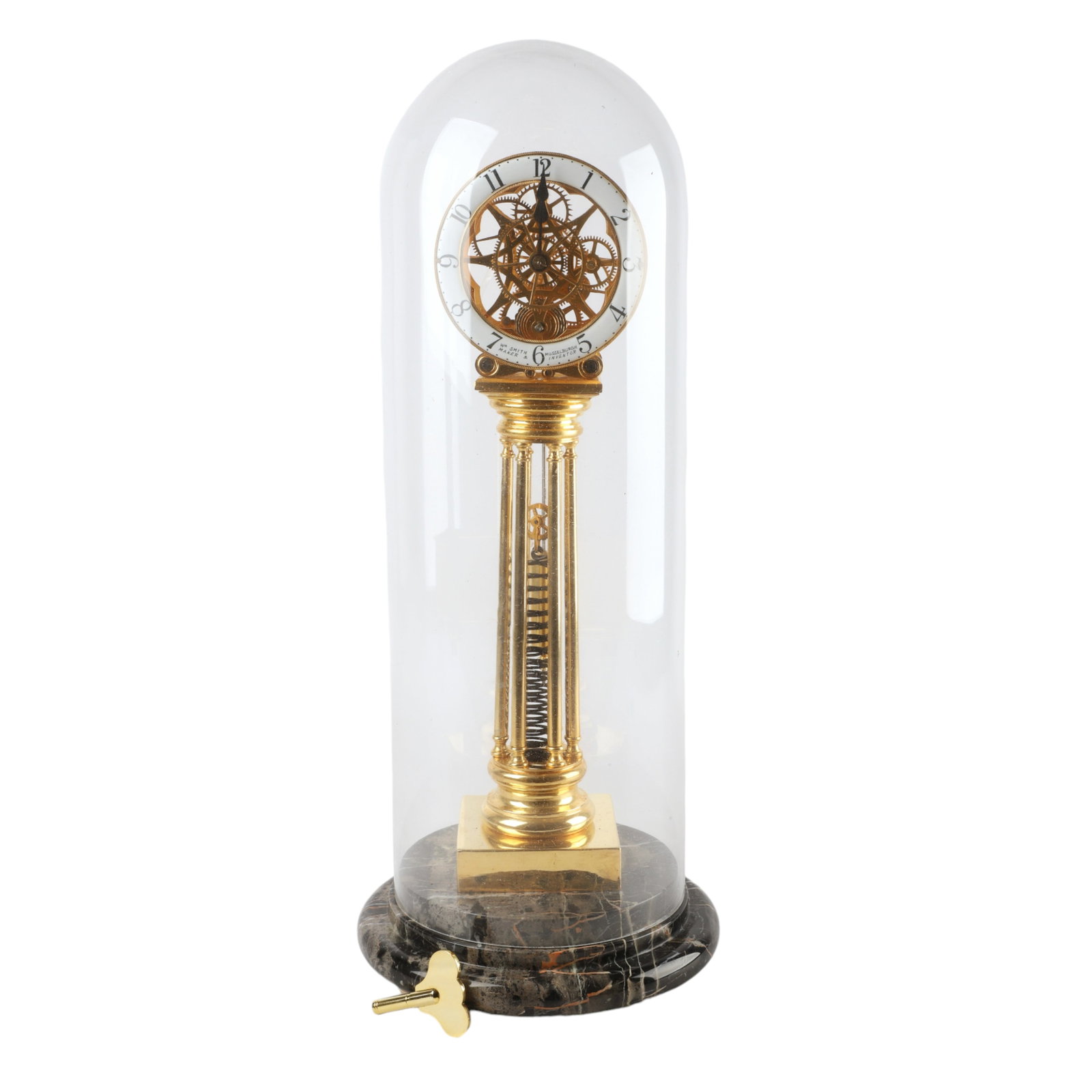 Gold plated chain fusee railway skeleton clock: Gold plated chain fusee railway skeleton clock, raised on a stepped marble base under glass dome, the enamel enumerated dial signed Wm Smith Maker and Inventor Musselburgh, 24 1/2"H to top of dome whe
