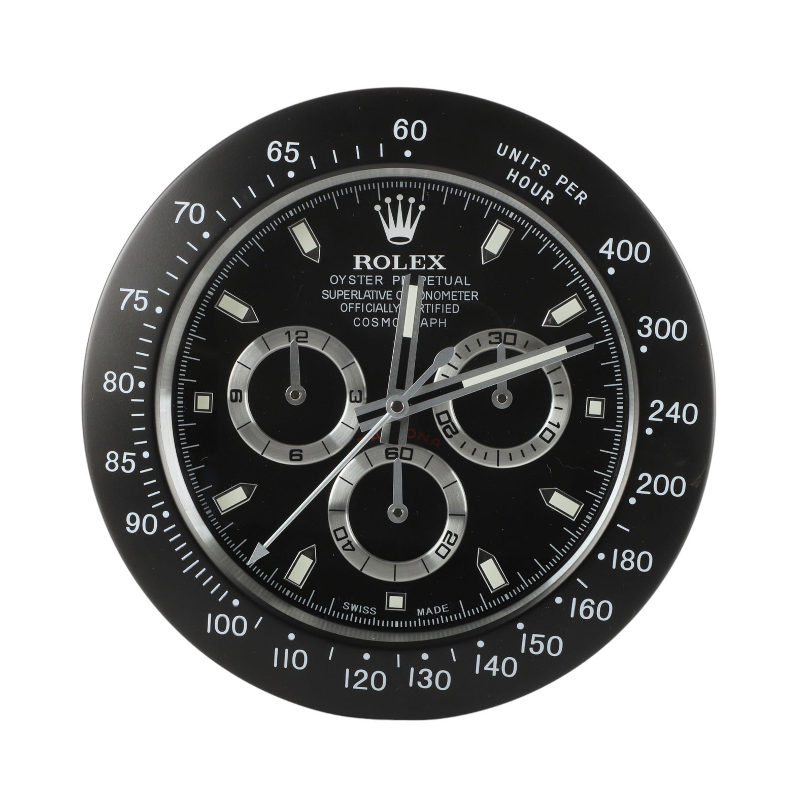 Watch dealer Rolex Daytona Tie Fighter display clock: Watch dealer Rolex Daytona Tie Fighter display clock, quartz movement, 13 1/4" dia