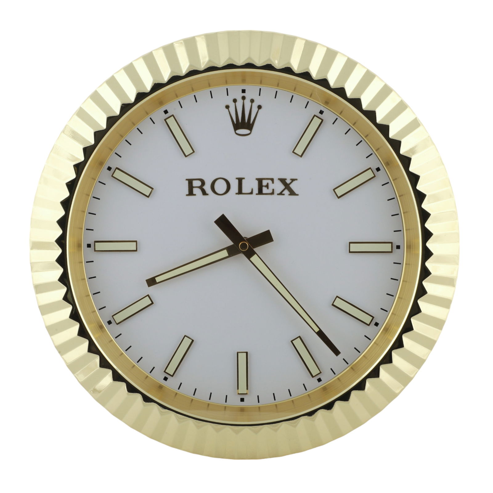 Watch dealer Rolex gold plated display clock: Watch dealer Rolex gold plated display clock, quartz movement, 13 1/4" dia