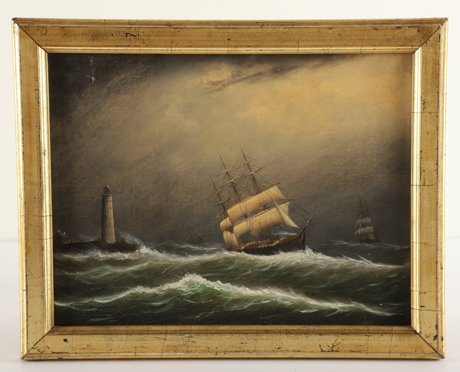 Clement Drew Marine Painting "Boston Light": Clement Drew (American, 1806-1889) MA artist, marine painting "Boston Light S.E. Gale 1879", oil on canvas, titled and signed "C. Drew" on reverse, label on stretcher from Frost & Adams, Boston, 9" x
