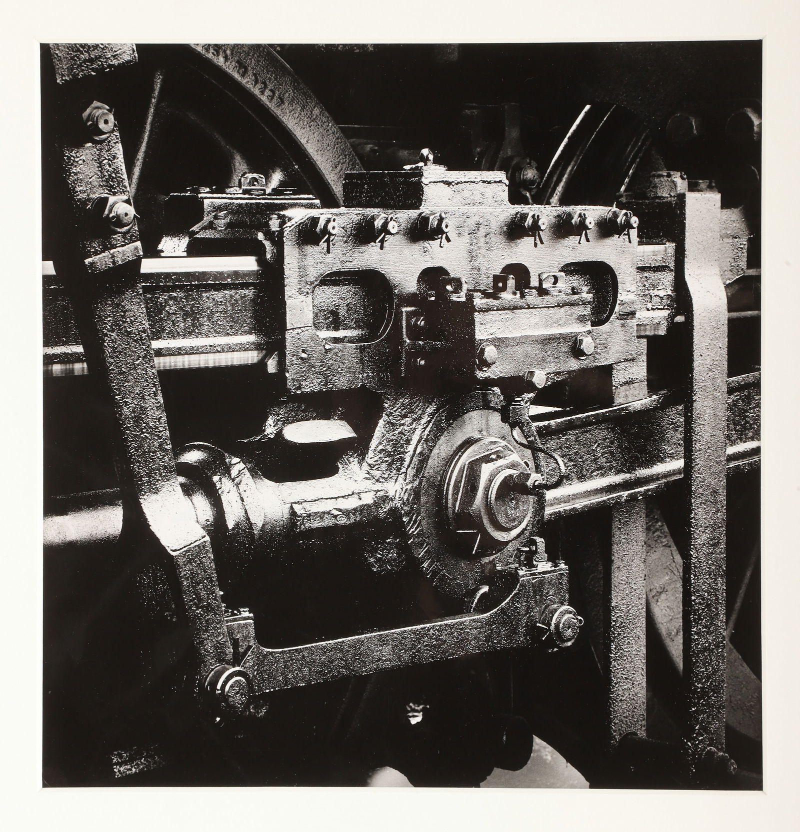 Heinrich Riebesehl Photograph "Locomotive": Heinrich Riebesehl (German, 1938-2010) photograph "Locomotive", silver gelatin print, signed "Riebeschl '63" on reverse, bears artist stamp on reverse, 11-5/8" x 11-1/8" sheet, framed 20-1/4" x 16-1/4