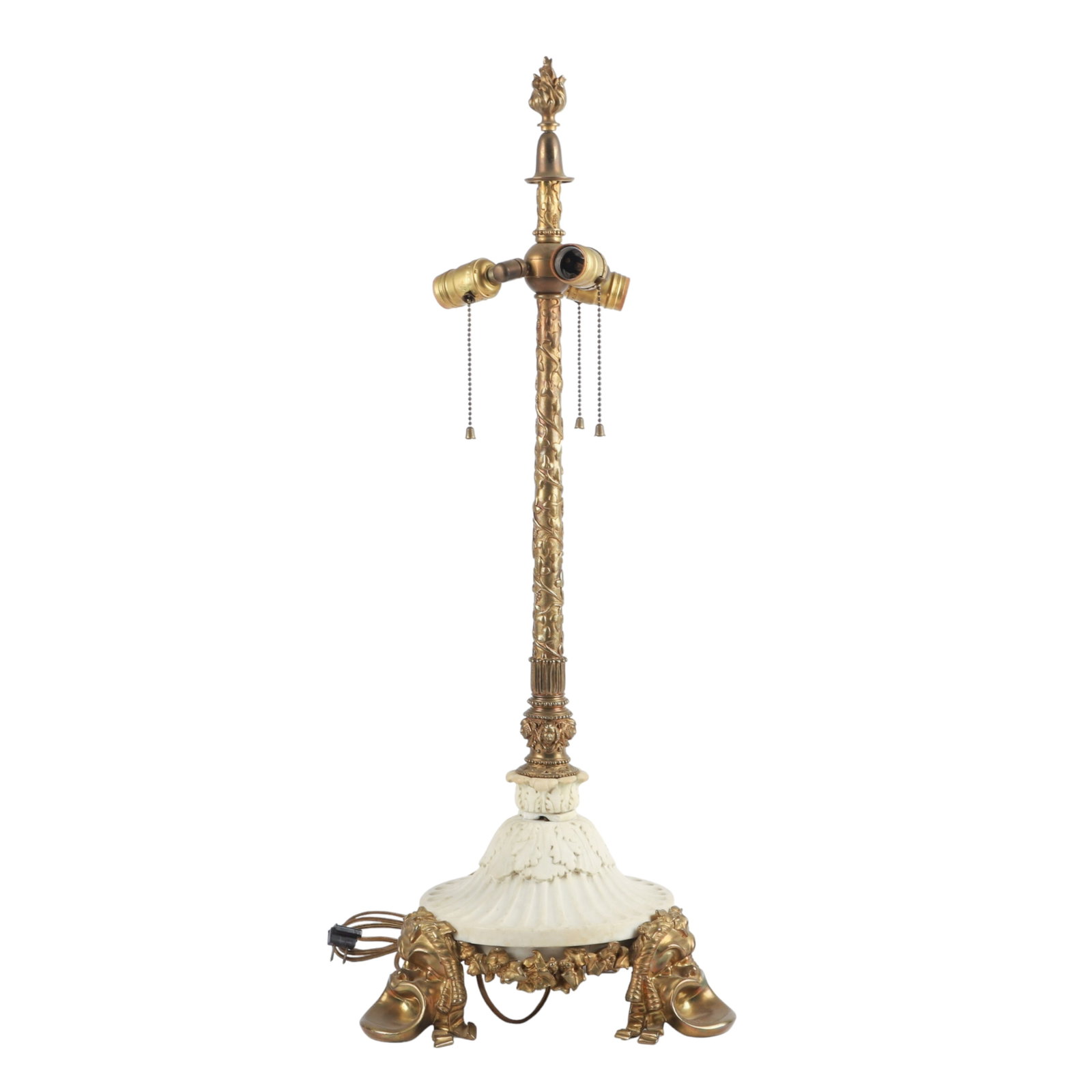 Gilt Bronze Carved Marble Table Lamp: Gilt Bronze Carved Marble Table Lamp, signed E.F. Caldwell & Co., New York, early 20th century, the tapering post with fruiting vines above masks, acanthus-carved marble bases, raised on bronze feet d