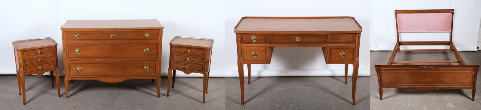 5 piece mahogany bedroom set.: c/o Full size 4/6 bed with ribbon decoration at top, 43"H x 57"W x 80"L, 3 drawer single dresser with clipped corner top, 36"H x 48"W x 21"D, vanity desk, 1 drawer over 2 drawers (1 pull missing), 30"