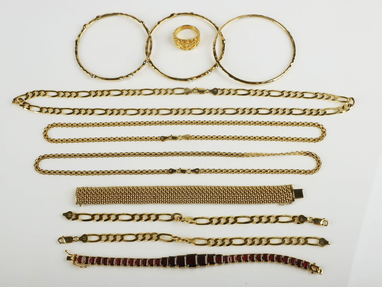 (9) Gold Plated Sterling Necklaces, Bracelets, Ring: (9) Gold Plated Sterling Necklaces, Bracelets, Ring to include (2) Milor link bracelets, 8 1/2"L, Milor link necklace, 23"L, (2) Milor necklaces, 19"L, gold plated sterling Milor mesh bracelet, 7"L, g