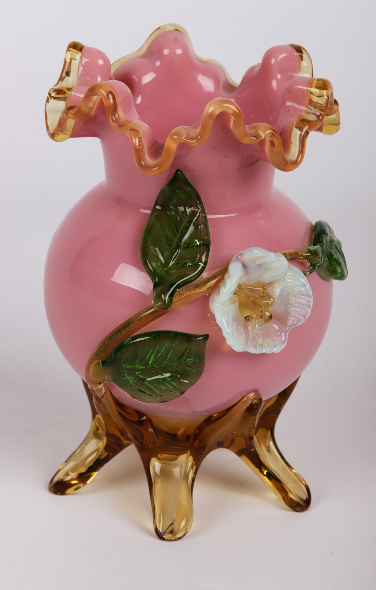 Victorian Art Glass Vase with Applied Flowers (1 of 4)