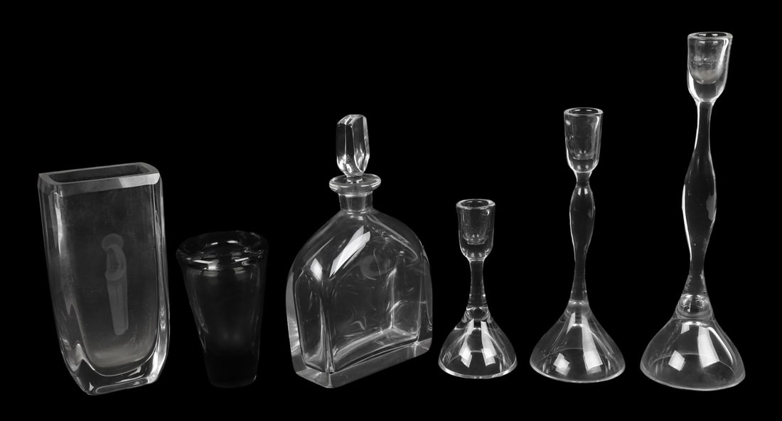 Kosta, Orrefors and Holmegaard glass group: Kosta, Orrefors and Holmegaard glass group to include (3) graduated glass Kosta candlesticks, 12 1/8"H, 9 1/2"H, 6 1/4"H, Orrefors Sven Palmqvist Mary and Child etched vase, 7 3/4"H, Orrefors decanter
