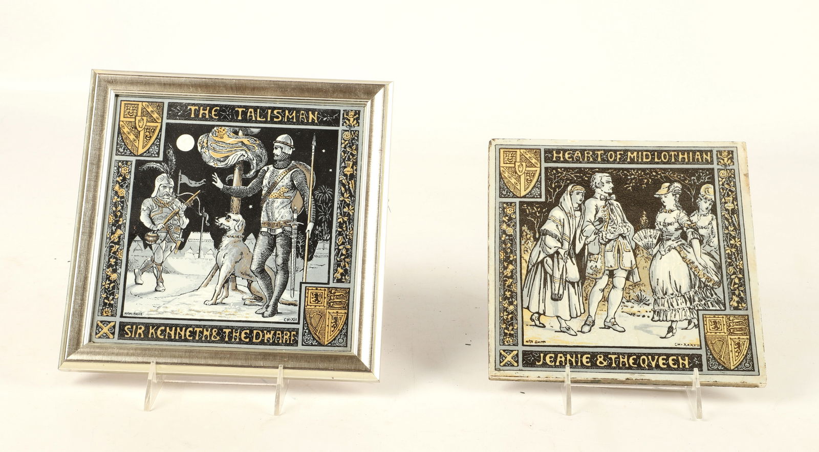 (2) John Moyr Smith Minton Tiles: (2) John Moyr Smith for Minton tiles depicting scenes from Sir Walter Scott's Waverley Novels, consisting of "Heart of Midlothian Jeanie & the Queen" & "The Talisman Sir Kenneth & the Dwarf", molded m