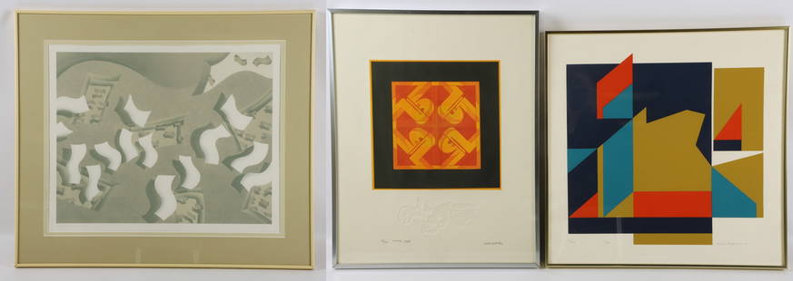 (3) Modern Abstract Signed Prints: (3) Modern abstract signed prints, "View", silkscreen, signed "Arnold Hoffmann", 259/260; "Orange Light", etching on embossed paper, signed "Carlos Davila", 151/250; "Wind Walk", lithograph, signed "Q