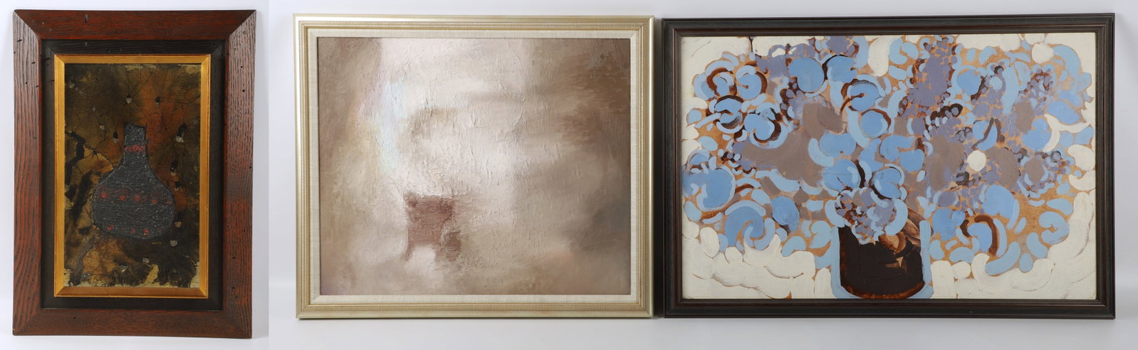 (3) Modern and Contemporary Paintings: (3) Modern and contemporary paintings, "Small Flowers", oil on canvas, signed "Russel" on reverse, 20-1/2" x 31-1/2; untitled with vase, mixed media on foil board, unsigned, 13" x 8" untitled abstract