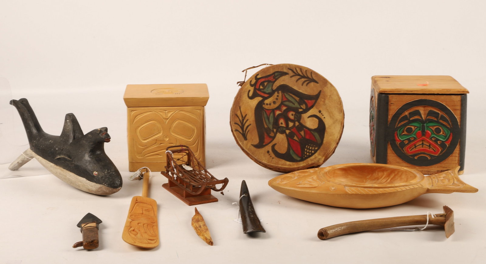 Lot of Pacific Northwest Items: Lot of Pacific Northwest items, including Barrie Lawrence carved box (6-1/4" x 5-1/4" x 5-5/8" h), Barrie Lawrence carved fish bowl Tsimshian Gabriola Island (13" x 6"), Gertrude Robertson Kingcome In