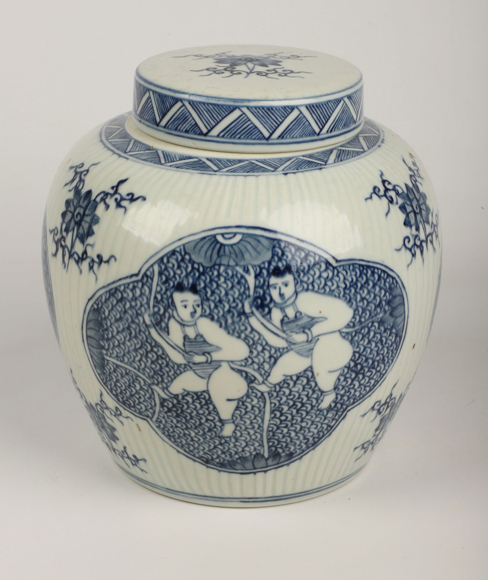 Chinese Blue & White Covered Ginger Jar: Chinese blue & white porcelain covered ginger jar, dancing figures, double blue ring mark to base, 8-1/2" h