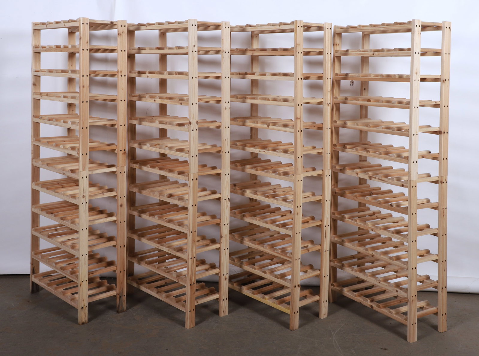 Lot of 4 wine racks: Lot of 4 wine racks, 12 rows to hold 6 bottles each, 72 per rack, 288 total, 61"H x 24"W x 11"D