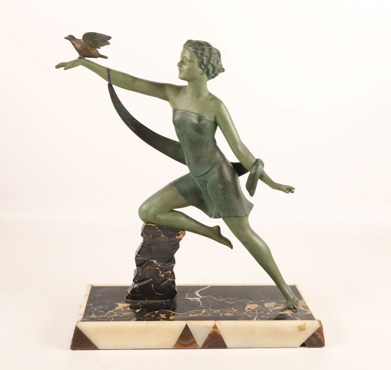 Patinated Art Deco Sculpture of a Woman with Bird (1 of 6)