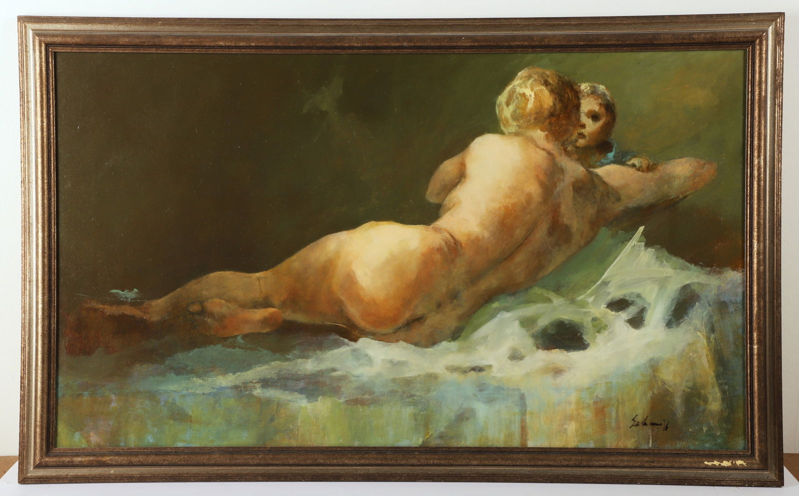 Ralph Scharff Painting "Resting Nude": Ralph Scharff (American, 1922-1993) painting "Resting Nude", oil on masonite, signed "Scharff", 23-1/12" x 40-1/2", framed 27-1/4" x 44-1/4", good condition