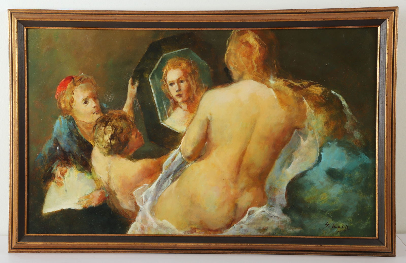 Ralph Scharff Painting "Artist & Nude Model": Ralph Scharff (American, 1922-1993) painting "Artist & Nude Model", oil on masonite, signed "Scharff", 18" x 30", framed 21" x 33", good condition