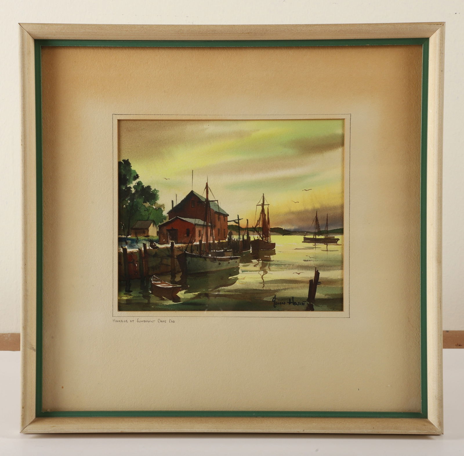 John Cuthbert Hare Cape Cod Watercolor: John Cuthbert Hare (American, 1908-1978) Cape Cod watercolor, "Harbor at Sundown, Cape Cod", watercolor on paper, signed "John Hare", 6-7/8" x 8-1/8" sight, framed 14-1/2" x 15", very good condition