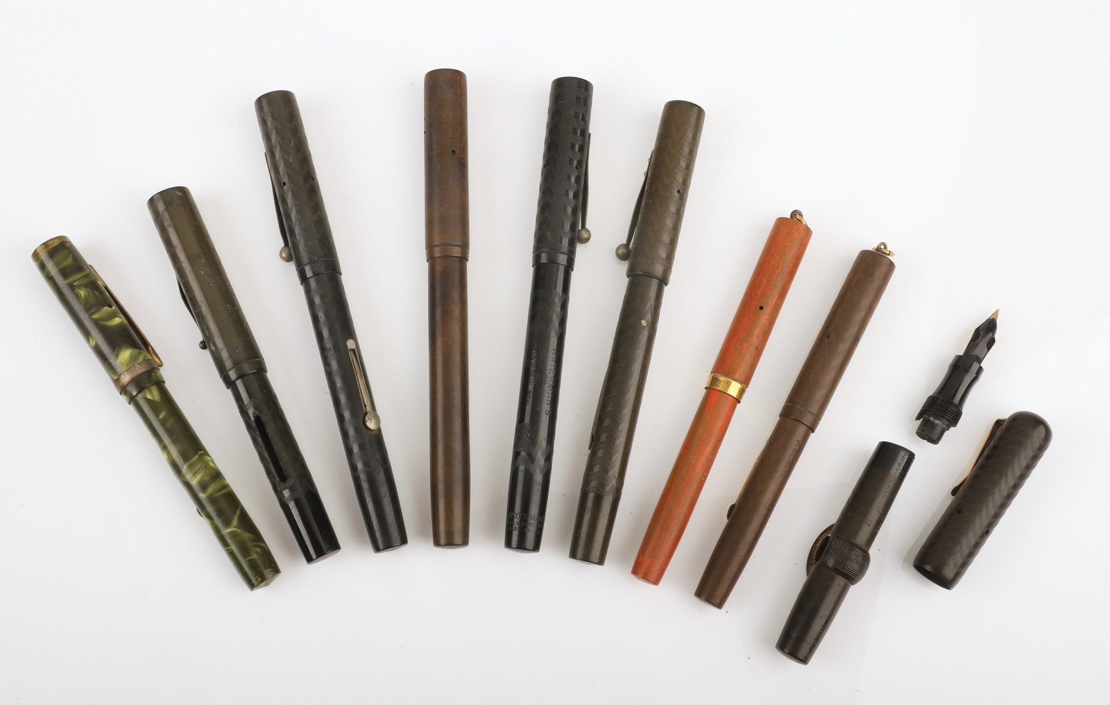 (9) Fountain pens incl. Watermans: (9) Fountain pens incl. Watermans to include Underwood fountain pen, Endurance 14K nib, 4 1/2"L, Watermans' ideal nib pen, 5 3/8"L, Watermans ideal clip cap fountain pen, ideal nib 2, 5 3/8"L, Windsor