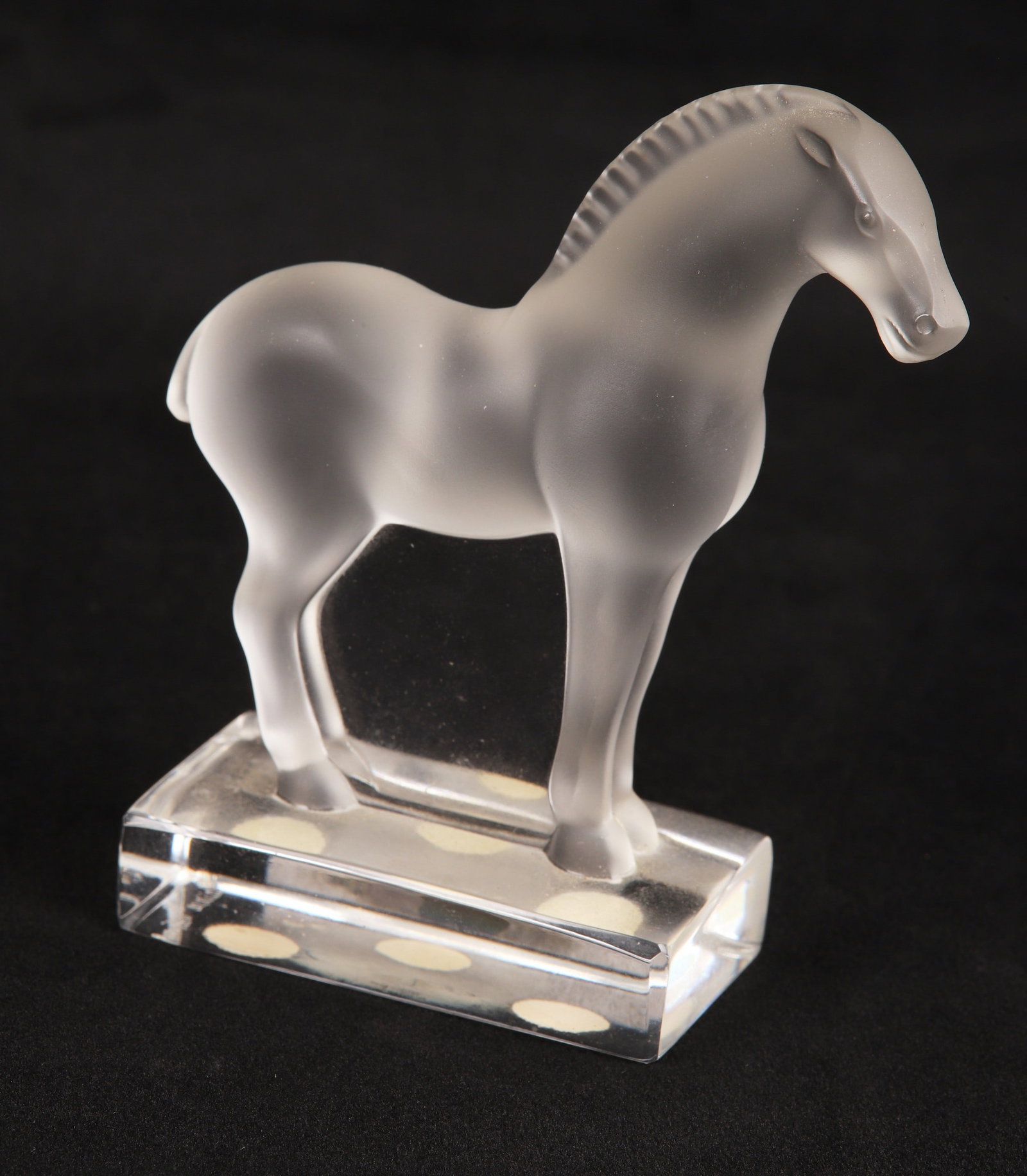 Lalique crystal Art Deco style horse figure: Lalique France crystal Art Deco style Tang horse figurine, etched signature on base, 4" h