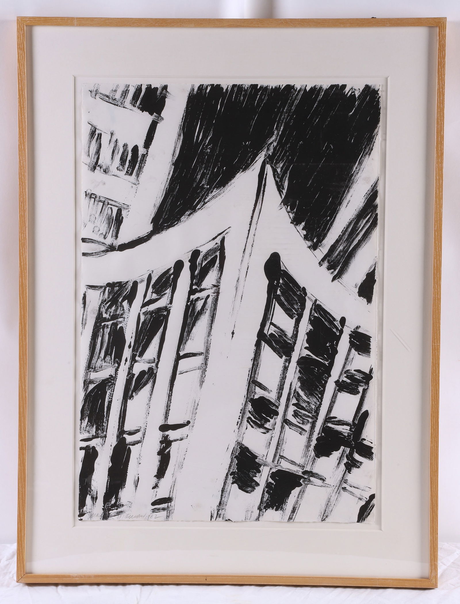 Martha Diamond Monotype Cityscape: Martha Diamond (American, b 1944) monotype cityscape, oil monotype on paper, pencil signed "Martha Diamond 1982", 36" x 17-1/2" sheet, framed 33-1/4" x 25", excellent condition