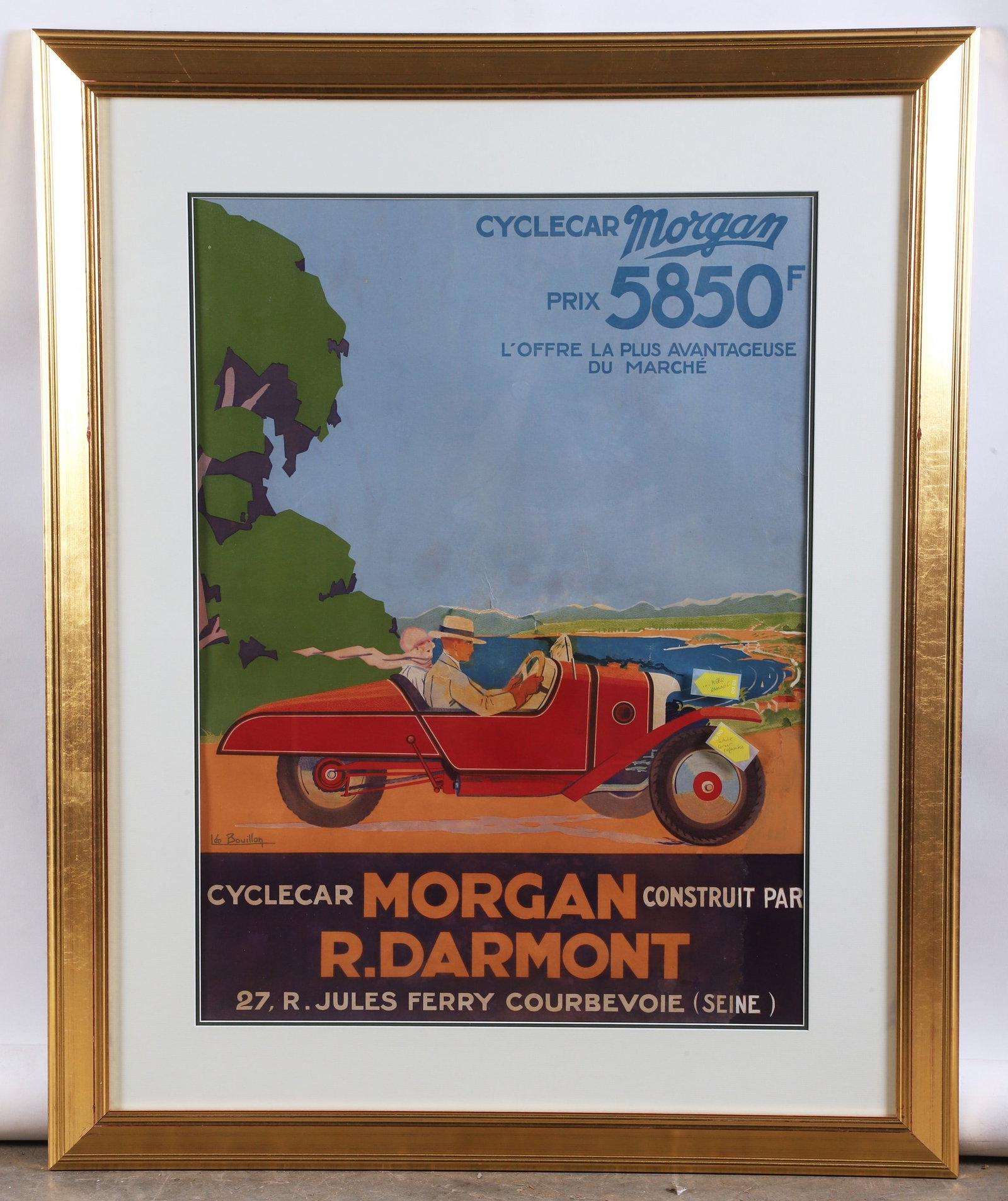 Leo Bouillon Cyclecar Morgan Poster: Leo Bouillon, 20th C French, Cyclecar Morgan poster, original lithograph in colors, signed "Leo Bouillon" in the image, 29-1/2" x 21-3/4" sight, framed 40-3/4" x 33", good condition, areas of restorat