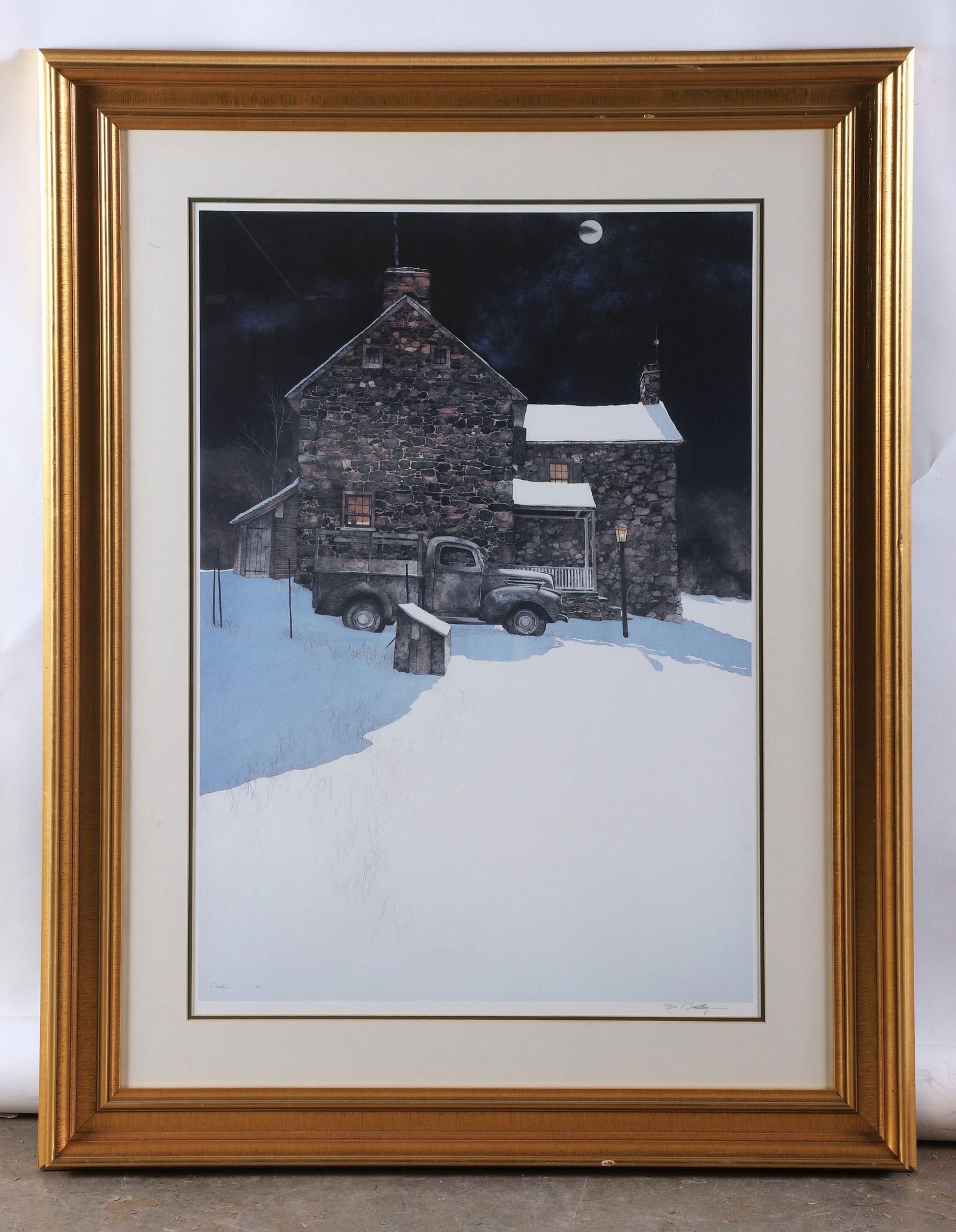 Peter Sculthorpe "House with Truck": Peter Sculthorpe (American, b 1948) "House with Truck", offset lithograph, pencil signed "P. Sculthorpe", edition 151/500, 30-1/2" x 21" image, framed 42-3/4" x 33", very good condition