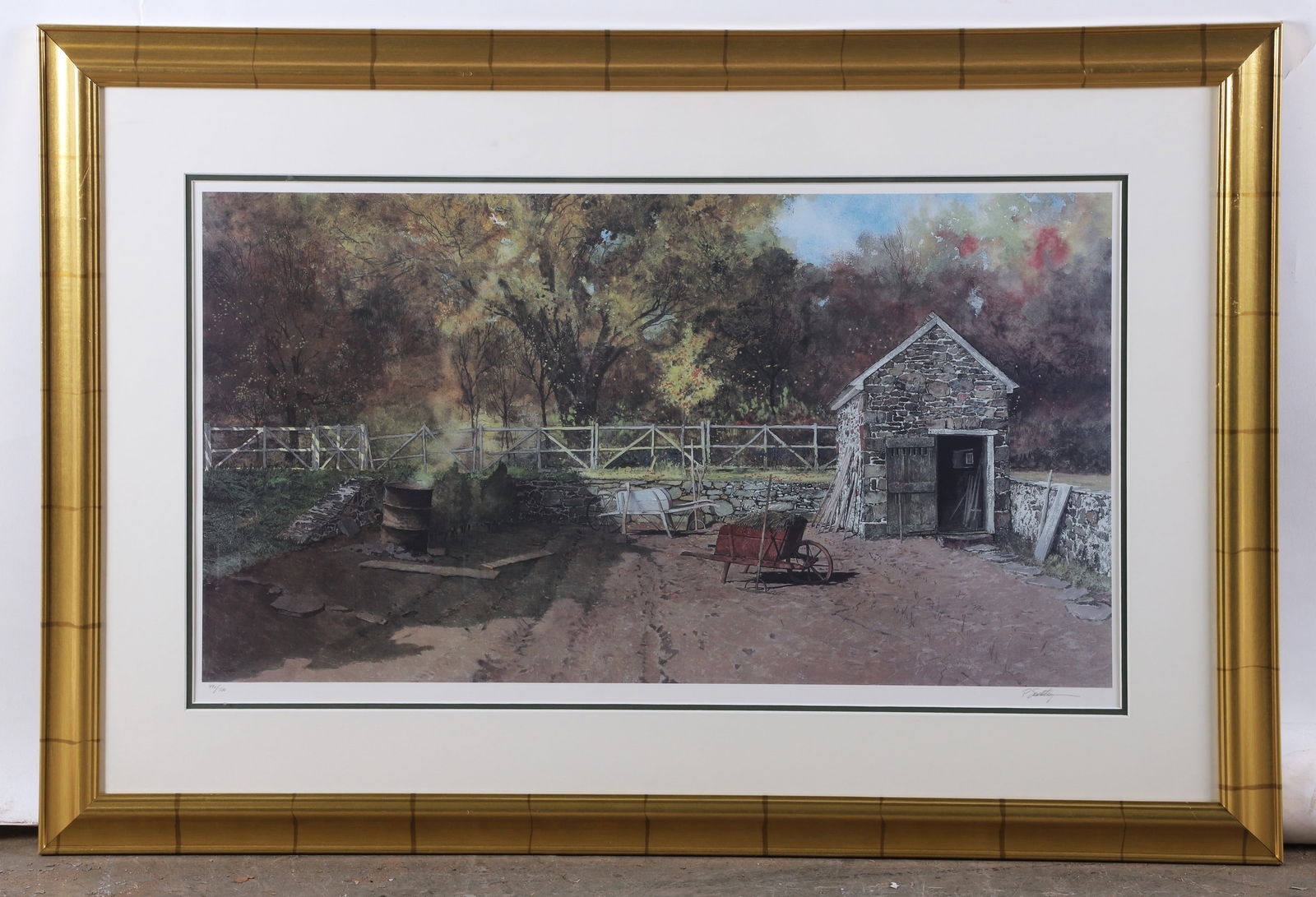 Peter Sculthorpe "Garden in Autumn": Peter Sculthorpe (American, b 1948) "Garden in Autumn", offset lithograph, pencil signed "P. Sculthorpe", edition 491/500, 15-1/4" x 28" image, framed 25-3/4" x 38", very good condition