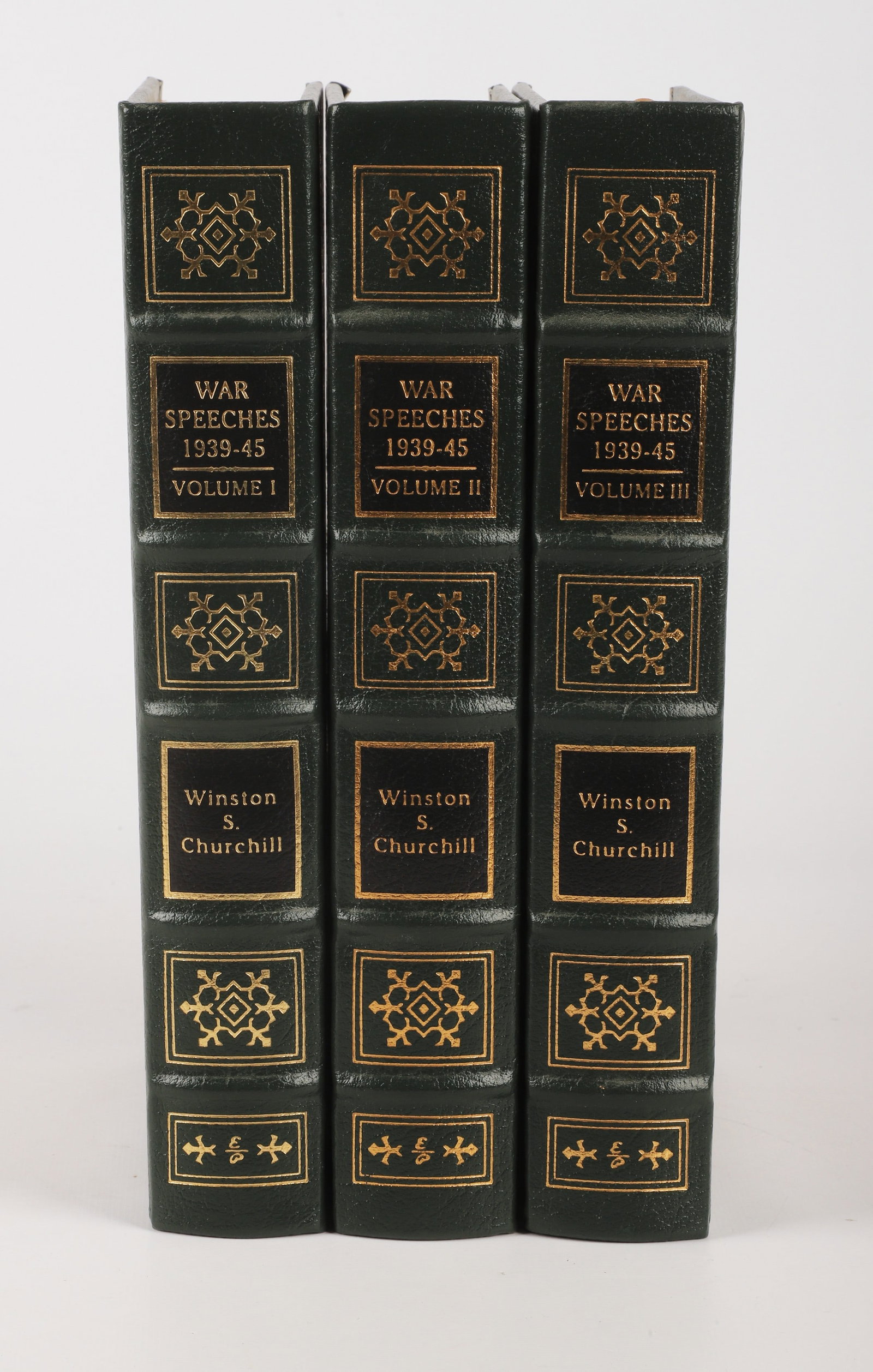 [fine binding] War Speeches 1939-45 by Churchill: The War Speeches of Winston S. Churchill 1939-45, compiled by Charles Eade (Easton Press, Norwalk, Conn., 2001; complete in three volumes), some scratches to bottom, some pages on volume II at the bot