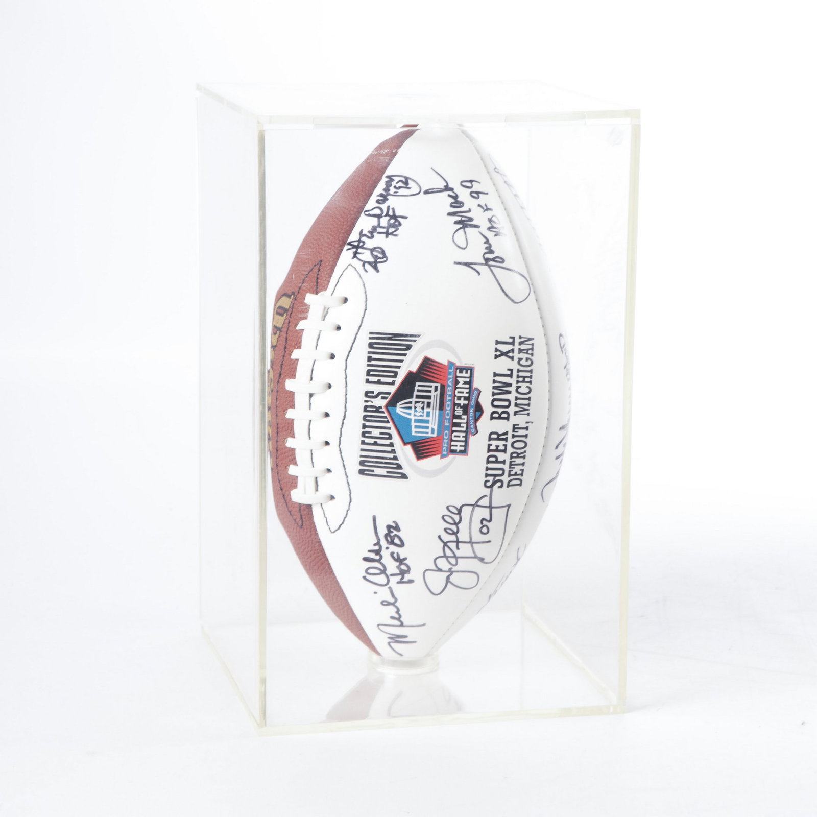 Signed HOF Football (17) from Super Bowl XL: This Wilson white paneled Collector's Edition Football designated Super Bowl XL has (17) of HOFers who participated in the ceremonies. These signatures include: Jim Kelly, Tom Mack, Merlin Olsen, Len 