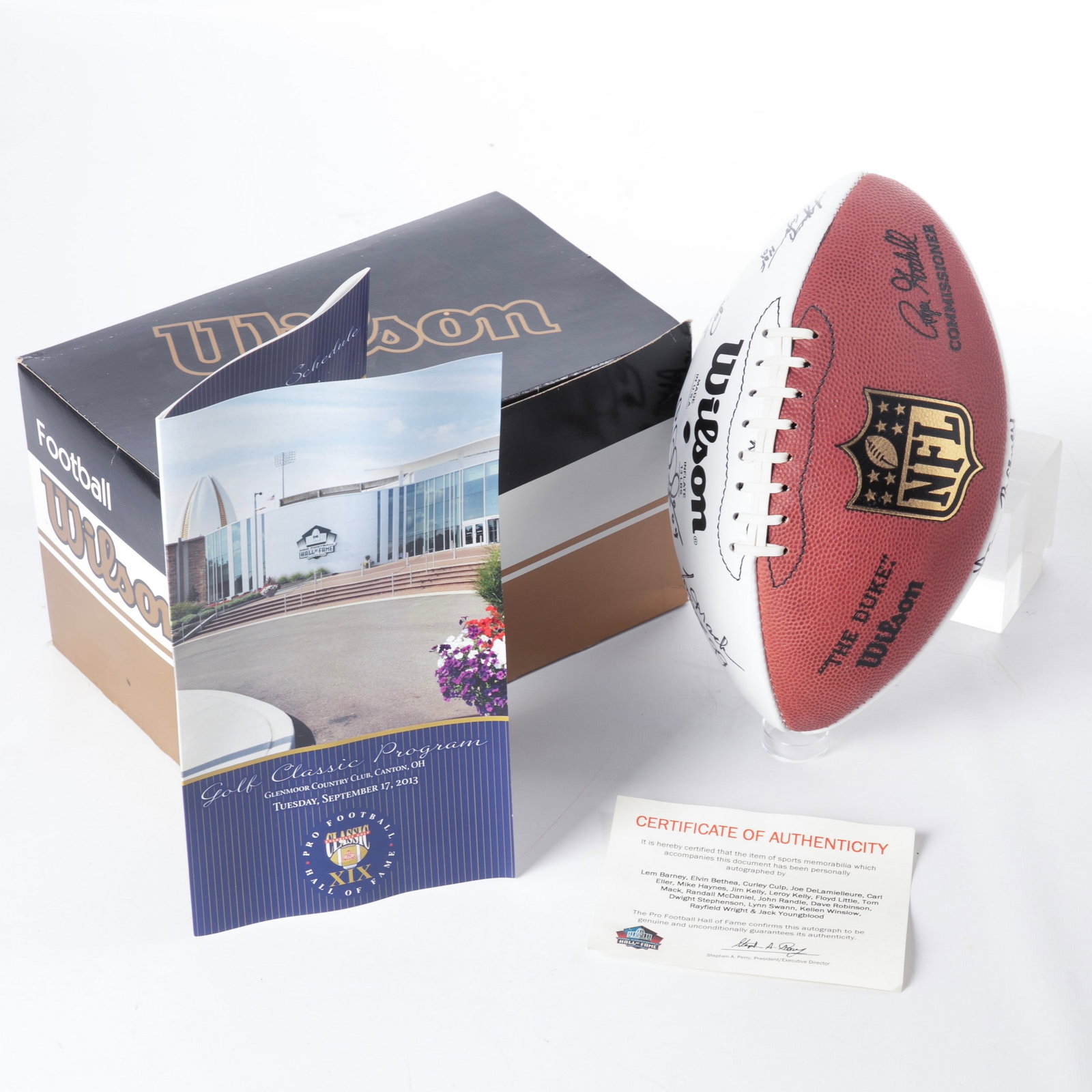 HOF Football Signed by (18) Players Classic XIX: This white panel HOF Wilson "the Duke" football from the Golf Classic XIX is signed by 18 former players. These HOFers include: Barney, Bethea, Culp, DeLamielleure, Eller, Haynes, Jim Kelly, Leroy Kel