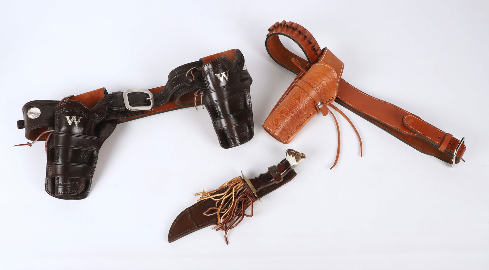 Muela Bowie knife, (2) leather holster ammo belts (1 of 5)