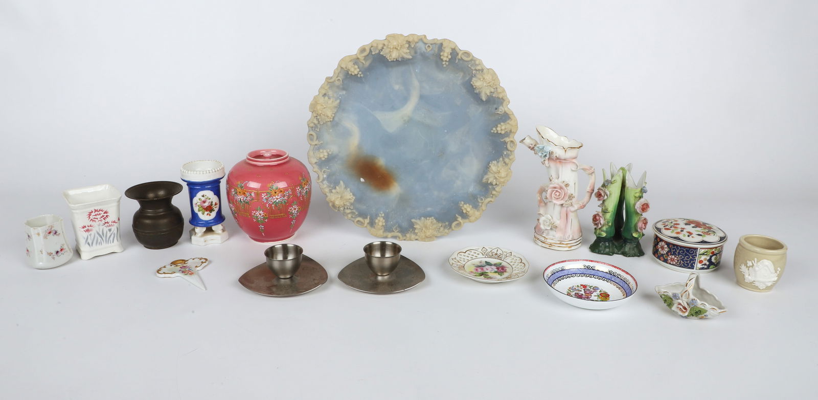 Mixed lot: Mixed lot, including pair of brushed chrome egg cups (1-1/2" h), bronze miniature spittoon (3-1/8" h), Japanese porcelain tea jar with enamel decoration (5" h), Incolay stone platter (11-3/4" dia, bur