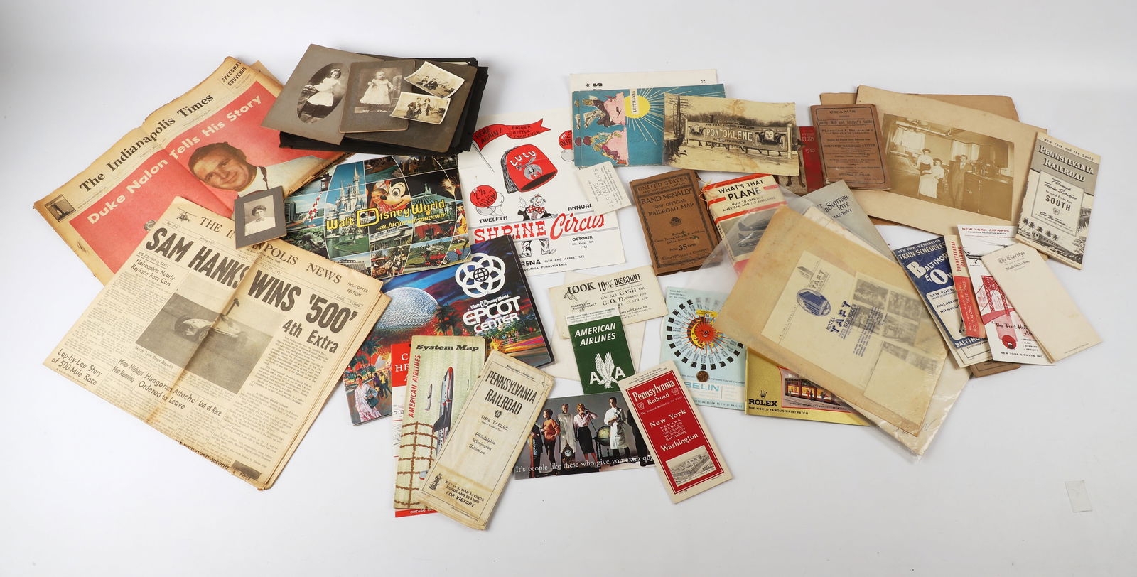 Photograph and ephemera grouping: Photograph and Ephemera grouping to include (2) vintage Franklin Institute passes, 1940 Boy Scout Diary, assorted PA railroad time tables, bus and trolley guide, B&O train schedules, Rand McNally new