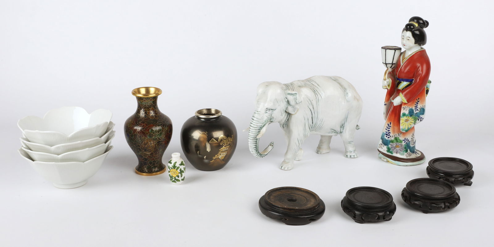 Lot of Asian items: Lot of Asian items, consisting of unmarked Japanese Kutani porcelain woman with lantern figural candlestick (10-1/2ï¿½ h), Chokin vase (4" h), Chinese cloisonne vase (6" h), (4) white lotus b