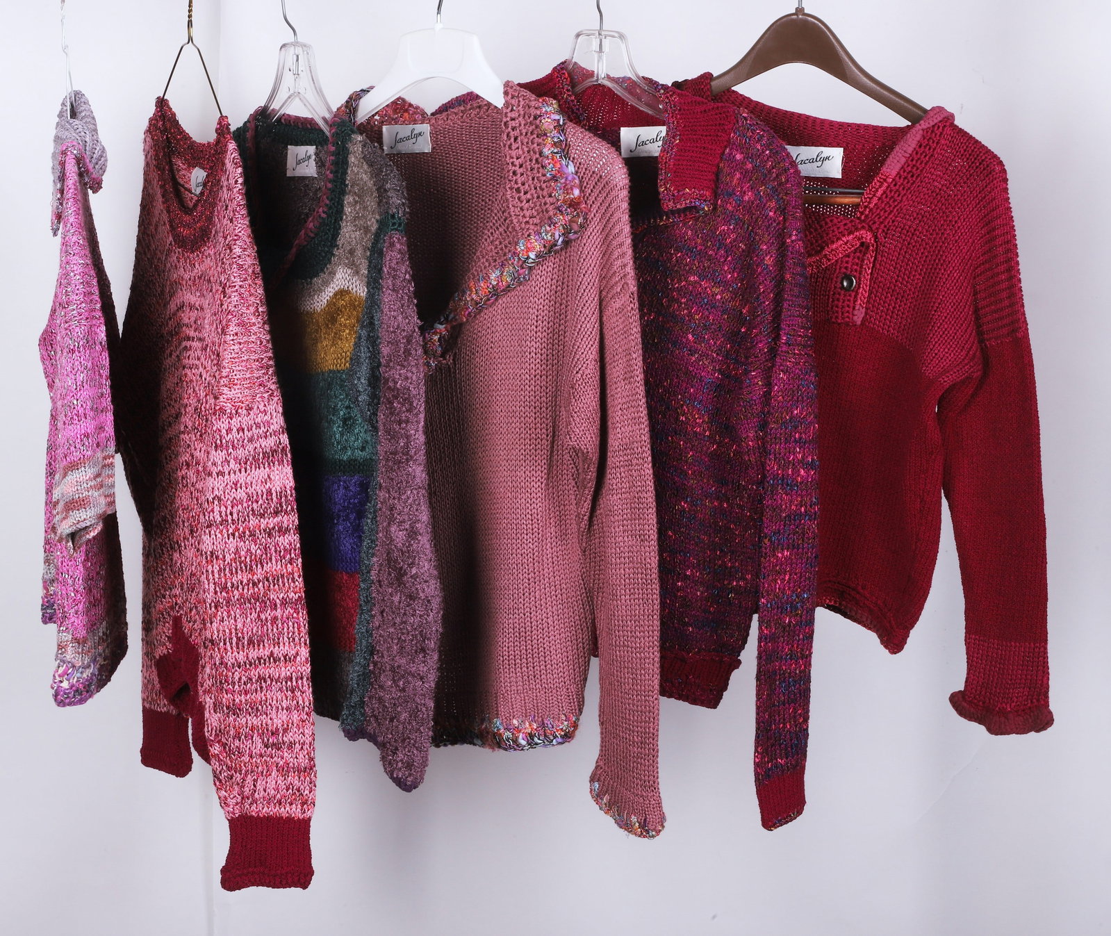 (6) handmade custom deadstock boutique sweaters: (6) handmade custom deadstock boutique sweaters to include a banded crochet joined custom neck sweater, 32" bust, 21" shoulder to hem , a multi-pink scoop neck sweater in hand crochet finishes, 40" bu