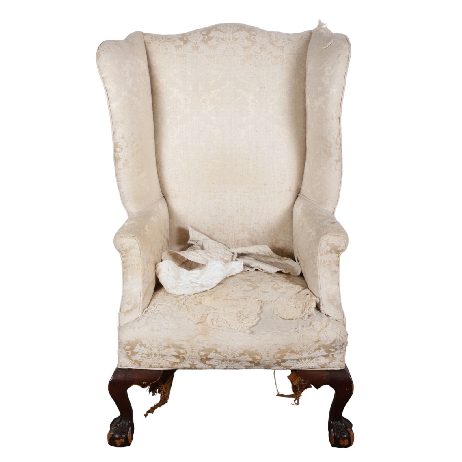 Walnut Chippendale style wing chair: Walnut Chippendale style wing chair, cabriole legs over ball and claw feet, 48"H x 32"W x 25"D, needs reupholstering, replaced glue blocks