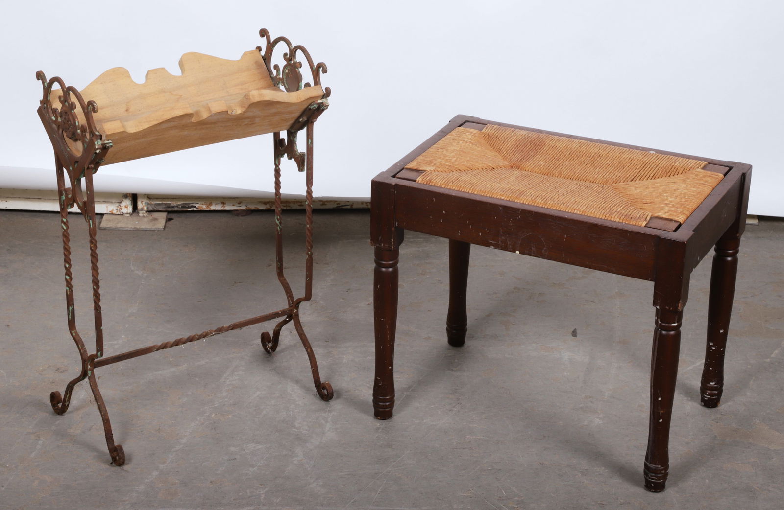 Pierced iron and wood planter, along with rush seat footstool (1 of 5)