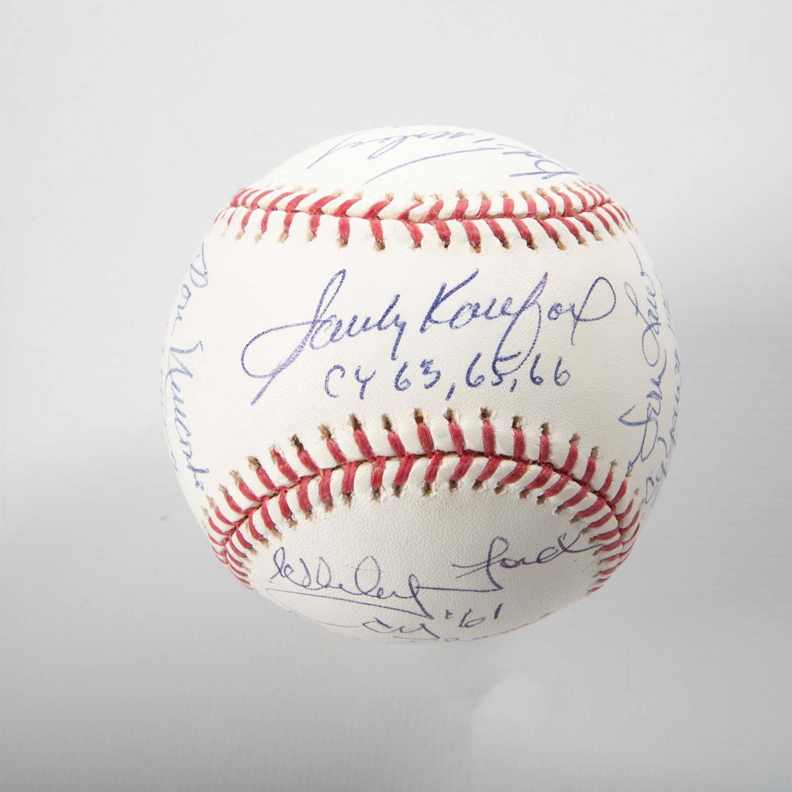 (6) Signature CY Young Winners: This OMLB Rawlings signed by various CY Yioung Award winning pitchers inscribed those year(s) These pitchers include Sandy Koufax (SS), Bob Turley, Vern Law, Don Newcombe, Whitey Ford, & Dean Chance S