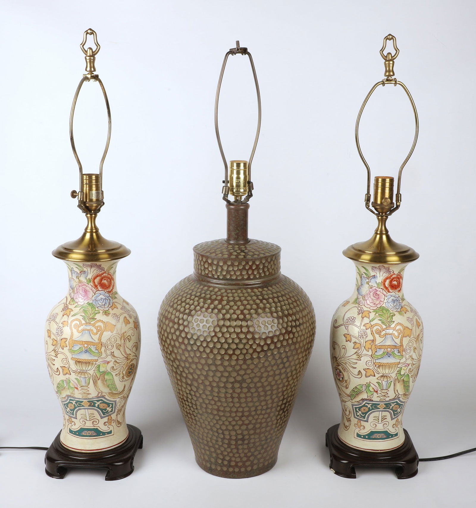 Lot of (3) table lamps: Lot of (3) table lamps, pair of Asian inspired pottery vase lamps with harps and finials, 31"H x 8"Dia., (1) composite urn table lamp with harp, no finial, 32"H x 13"Dia.