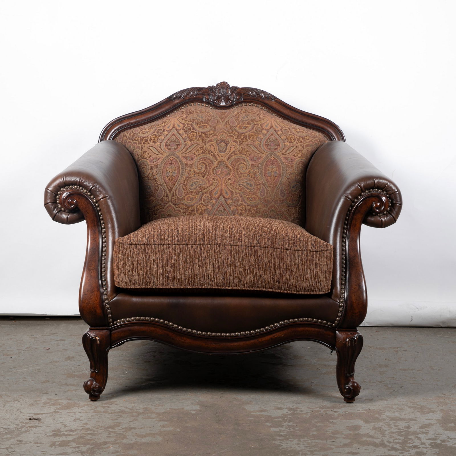 Wood, leather, & fabric lounge chair (1 of 3)