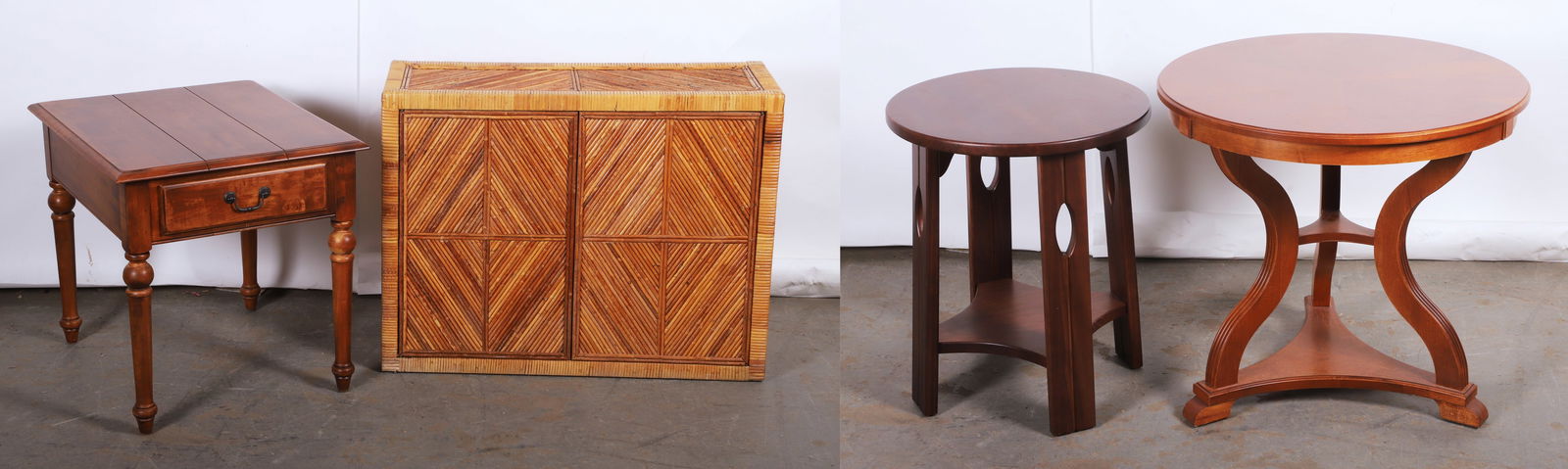 Lot of (4) miscellaneous pieces of furniture: Lot of (4) miscellaneous pieces of furniture, c/o Ethan Allen (1) drawer side table, 24"H x 22"W x 26"D, Ethan Allen round side table, 26"H x 28"Dia., Pier one round side table, 24"H x 20"Dia. bamboo