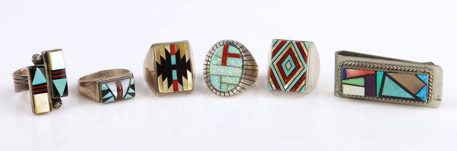 (6) Zuni and Navajo inlaid sterling rings and bill clip (1 of 6)